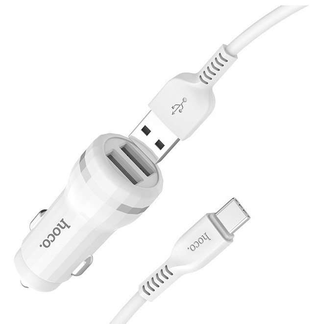 Автомобильное зарядное устройство USB Hoco Z27 (2.4A, 2 порта, кабель Type-C) Белый