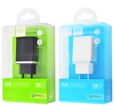 Сетевое зарядное устройство USB Hoco C42A (3A,быстрая зарядка QC 3.0) Белый